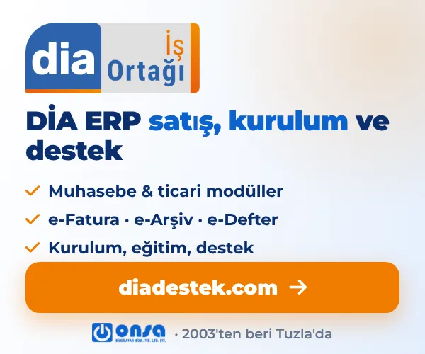 Dia Destek: DİA ERP satış, kurulum ve destek — muhasebe ve ticari modüller, e-Fatura, e-Arşiv, e-Defter, kurulum, eğitim, destek. Onsa Bilgisayar, 2003'ten beri Tuzla'da. diadestek.com