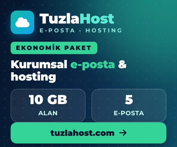 TuzlaHost Ekonomik Paket kurumsal e-posta ve hosting: 10 GB alan, 5 e-posta hesabı. tuzlahost.com